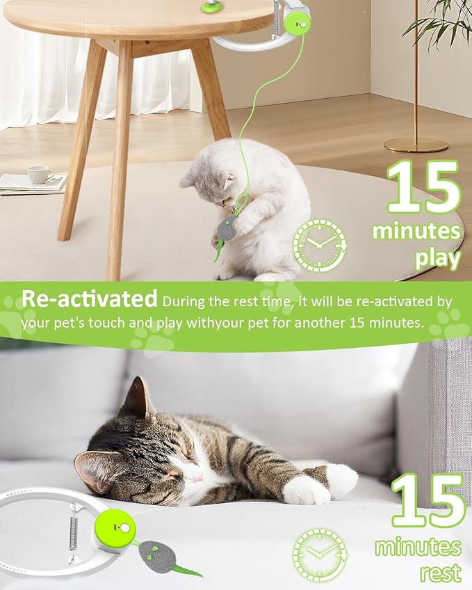 Cat Toy Interactive for Indoor Cats, Smart USB Rechargeable Door Hanging Automatic Retractable Kitten Toys, Teaser Electronic Self Play Feather Cat String Toy Attached with 3 Catnip Mice Green-Mewly Pet