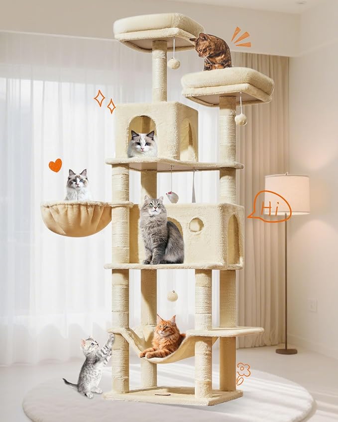 Taoqimiao Large Cat Tree，73-Inch Cat Tree Tower with 9 Scratching Posts for Indoor Cats, 2 Large Cat Condo with Hammock, Hanging Basket, 2 Extended Platform, Beige MS013XLM-Mewly Pet