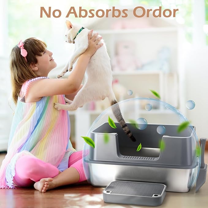 XL Stainless Steel Cat Litter Box with Lid – High Sides, Leak-Proof, Non-Stick Metal Litter Box for Large Cats – Easy to Clean, Includes Filter Pedal, Scoop & Cleaning Brush-Mewly Pet