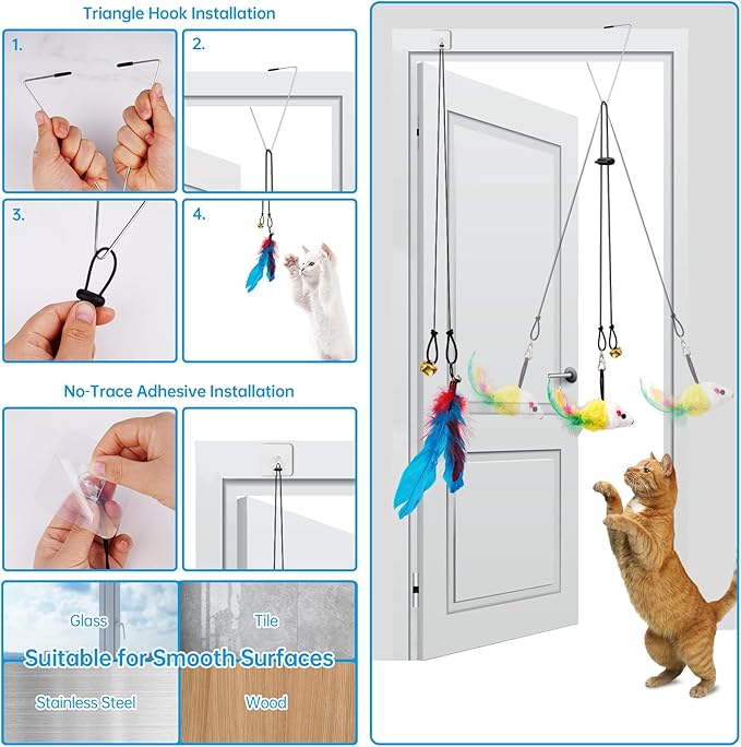 ZooZoo 14PCS Interactive Cat Feather Toy Set for Indoor Cats, Active Play Kit with Door Hanging Toy, Double-Sided Suction Cat Wand with Feathers, Mice & Fur Balls, Encourages Hunting, Jumping, Chasing-Mewly Pet