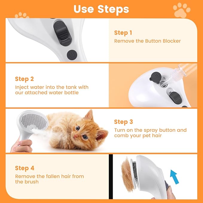 3 in 1 Cat Steam Brush for Cats & Dogs, Pet Spray Hair Removal Comb for Shedding & Grooming, Rechargeable Water Brush for Long & Short Haired Pets with Release Button(White)-Mewly Pet