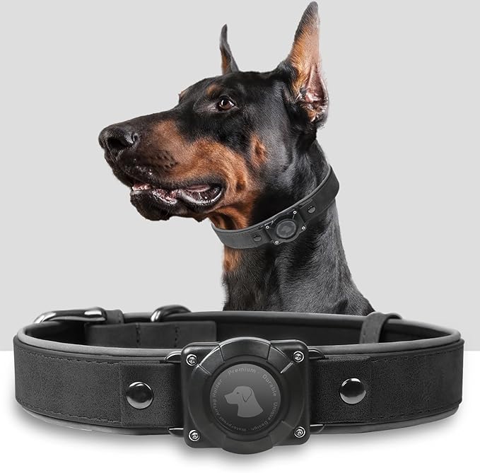 AirTag Dog Collar - Leather Dog Collar with Air Tag Holder | IPX8 Waterproof, Reflective, High - End, Adjustable Soft Padded | Dog GPS Tracker Collars Fit for Medium Large Dogs (Black, L)-Mewly Pet