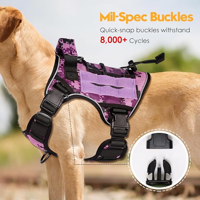 Heavy-Duty Tactical Dog Harness for Large Dogs, No Pull Adjustable Reflective Pet Vest with Molle System, K9 Military-Grade Control for Service Training, Outdoor & 10+ Breeds, Purple Camo, Small-Mewly Pet