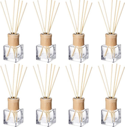 Roshtia 8 Set Reed Diffuser Bottle Empty Refillable Fragrance Glass Diffuser Bottles with Wooden Caps Rattan Sticks 50ml 1.7 oz Glass Jars for DIY Fragrance