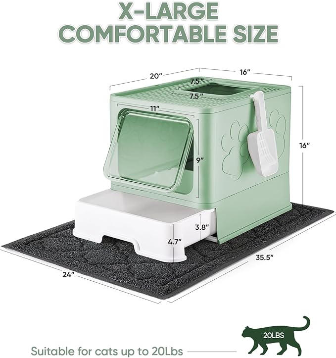 Cat Litter Box with X-Large Litter Mat and Scoop, Large Foldable Litter Box with Lid, Enclosed Kitty Box,Front Top Entry Exit, Odor Control Easy to Clean (Upgrade Green)-Mewly Pet