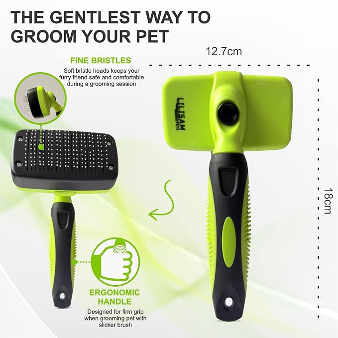 Pet Self Cleaning Slicker Brush and Grooming Comb - Gently Removes Loose Hair, Tangles, and Dirt - Skin Friendly Deshedding Grooming Tool for Hair Dogs & Cats - Pet Supplies Accessories (Green)-Mewly Pet