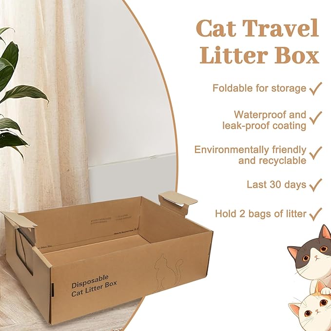 3-Pack Disposable Litter Boxes for Cats,Disposable 100% Renewable Cardboard Foldable Litter Boxes,Large-Capacity Portable Cardboard Cat Litter Box,Waterproof Travel Litter Box,17.2'' x 12.2'' x 5.3''-Mewly Pet