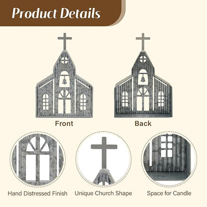 Church Shaped Tea Light Candle Holder Farmhouse Galvanized Metal Candle Holder Vintage Decorative Tealight Holder for Table Centerpiece Decoration - 6.22" x 1.97" x 9.25"