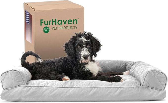 Furhaven Pillow Dog Bed for Large/Medium Dogs w/ Removable Bolsters & Washable Cover - Quilted Sofa - Silver Gray, Large-Mewly Pet