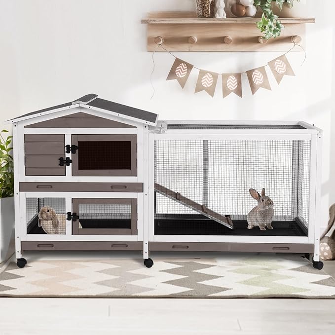 2-Story Indoor Rabbit Hutch with Chew-Proof Outdoor Rabbit Cage with 6 Locking Casters Bunny Cage 2 Pull-Out Trays Guinea Pigs Cage 62" Brown-Mewly Pet
