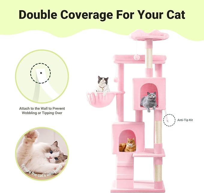 Allewie 64 Inches Cat Tree Tower/Multi-Level Activity Center for Indoor Big Felines/2 Plush Condos/2 Perchs/Basket/House/Sisal Scratching Posts/Hanging Cat Toys/Pink-Mewly Pet