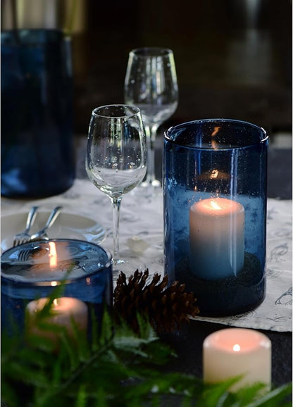 ARIAMOTION Glass Hurricane Candle Holder for Pillar Blue Cylinder Vase Flower Centerpiece Seeded Bubbles Modern Table Decoration for Kitchen Living Room 8 Inch 5 inch Diam