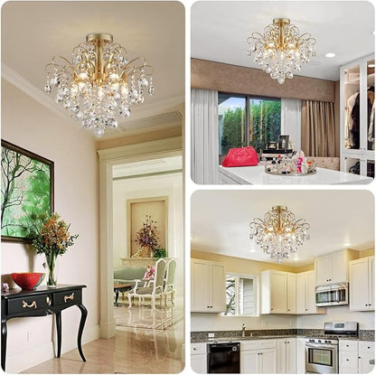 WUZUPS Crystal Chandelier Flushmount Ceiling Light Modern Lighting Fixture for Bedroom Hallway Bar Kitchen Bathroom, H 17.5'' x W 19.3'', E12 Base, Gold