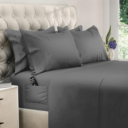 DREAMCARE Sheets Full Size Bed - Cooling Bed Sheets - 6pcs Set - Full Sheet Set - Full Size Sheets - Full Size Sheet Sets Soft & Long Lasting 100% Fine Brushed Polyester with Side Pocket - Dark Gray