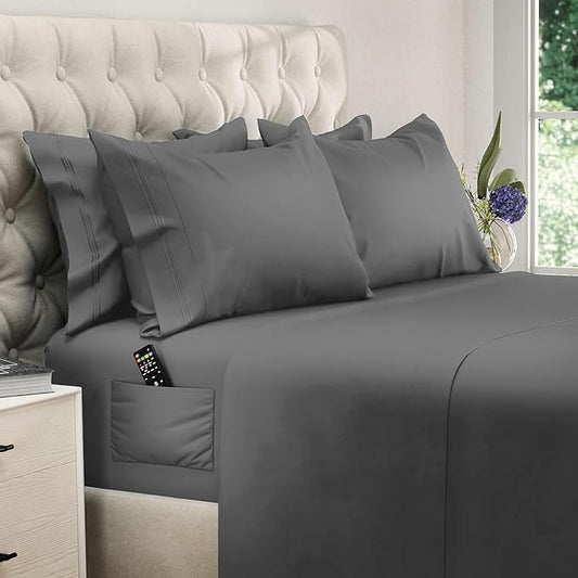 DREAMCARE California King Sheet Sets – 6 pcs Cooling Bed Sheets – up to 15” Deep Cal King Sheets – 2500 Supreme Collection – Extra Soft 100% Brushed Microfiber Hotel Luxury with Side Pocket – D Gray