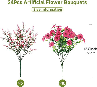 SHareconn 24 Bundles Artificial Flowers for Outdoors Decoration, Faux Plants Fake Silk Colorful Daisy Eucalyptus Lavender, UV Resistant for Outside Home Porch Patio Indoor Spring Decor, Rosered
