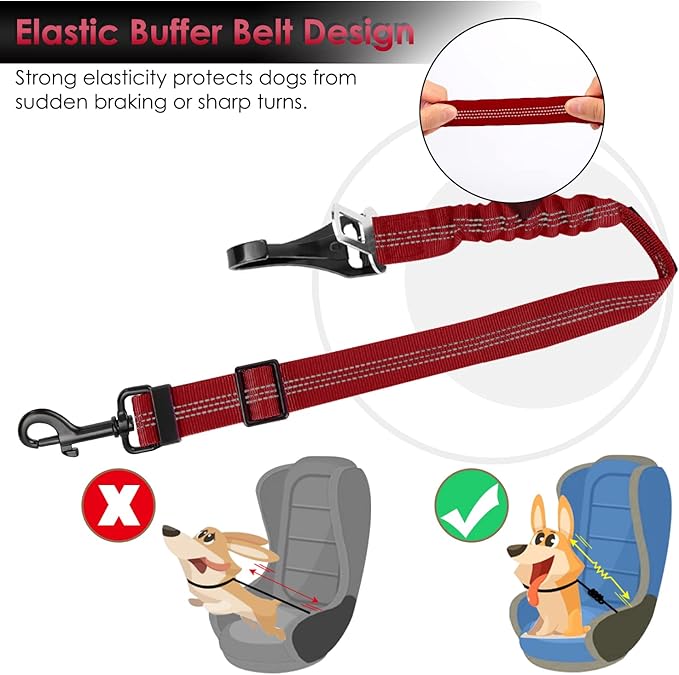 SlowTon Dog Seat Belt, Adjustable Dog Safety Belt Leash, 2 in 1 Latch Bar Attachment Dog Car Seatbelt with Elastic Nylon Bungee Buffer, Reflective Nylon Belt Tether(Red 35.5in)-Mewly Pet