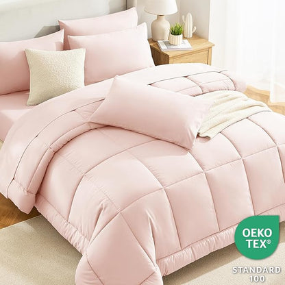 CozyLux King Size Comforter Set Blush Pink, 7 Pieces Bed in a Bag, Pink Comforter King Size, All Season Bedding Sets with Stitch Quilted Comforter, Flat Sheet, Fitted Sheet, Pillowcases