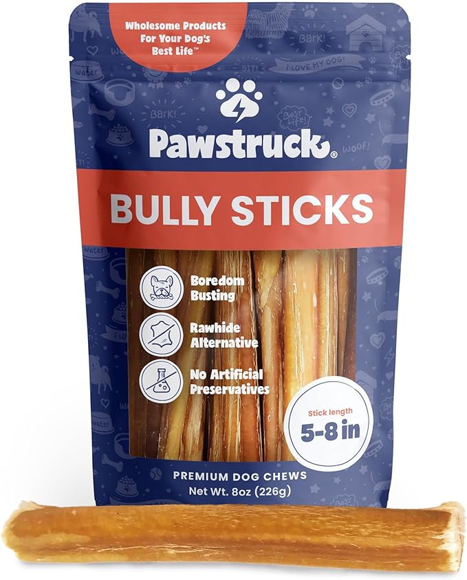 Pawstruck Natural 5-8" Bully Sticks for Dogs - Best Long-Lasting, Rawhide-Free, Low Odor Dental Chew Treat - Healthy Single Ingredient, 100% Real Beef - 8 oz Bag - Packaging May Vary-Mewly Pet