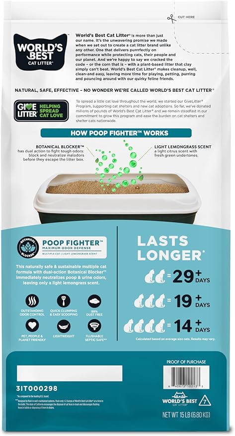 WORLD'S BEST CAT LITTER Poop Fighter Maximum Odor Defense, 15-Pounds - Natural Ingredients, Quick Clumping, Flushable, 99% Dust Free & Made in USA - Long-Lasting Odor Control & Easy Scooping-Mewly Pet