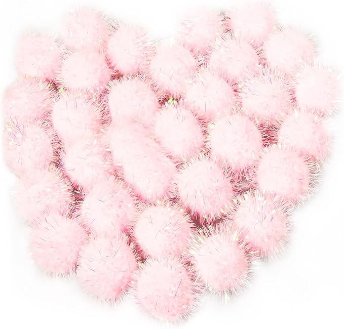 VAPKER 30 Pcs Cat Ball Toys Sparkle Balls Extra Large 2 Inch Cat's Favorite Chase Glitter Ball Glitter Tinsel Pom Poms Balls Light Pink Color-Mewly Pet