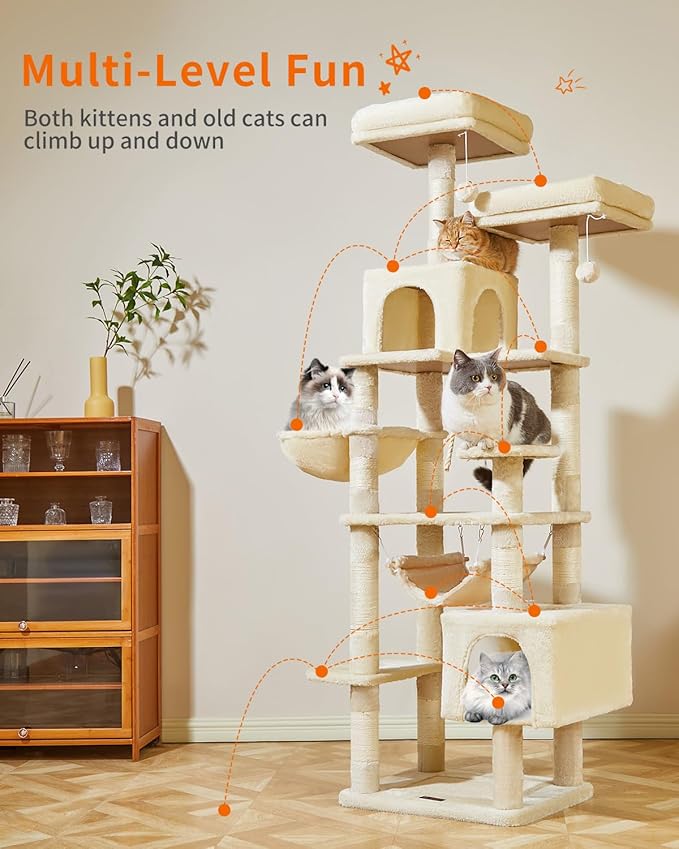Taoqimiao Cat Tree, 71-Inch Cat Tree Cat Tower for Indoor Cats, Plush Multi-Level Cat Condo with 10 Scratching Posts, 2 Perches,Basket, 2 Caves,Hammock, 2 Pompoms,MS020M Beige-Mewly Pet