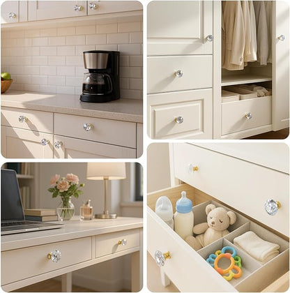 DEELF 30 Packs Kitchen Cabinet Knobs, 30 mm Crystal Cabinet Knobs, Diamond Dresser Handle Drawer Pulls, Dresser Knobs for Cabinets and Drawers, Gold Base