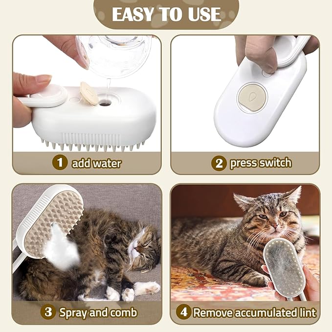 Cat Steam Brush - 5 In1 Grooming Kit for Cats and Dogs Silicone Massage Tool - Stainless Steel Nail Scissors - Hair Detangling Comb - Water Spray Rechargeable Shedding Wash-Free Essence (White)-Mewly Pet