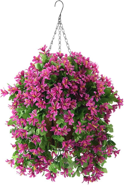 INQCMY Artificial Hanging Flowers in Basket for Summer Outdoor Porch Decoration,UV Resistant Fake Silk Violet in Planter Realistic for Outside Home Patio Balcony Garden Yard Decor