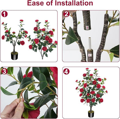 3.6FT Artificial Camellia Fake Tree, Artificial Plants & Flowers with 32 Red Flowers for Door Front Decoration Porch Patio Living Room Office Indoor Outdoor Decor (2PCS Contains Dried Moss)
