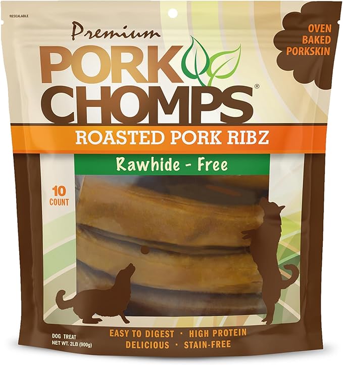 Pork Chomps Roasted Pork Skin Dog Chews, 6-inch Rib Shapes, 10 Count-Mewly Pet