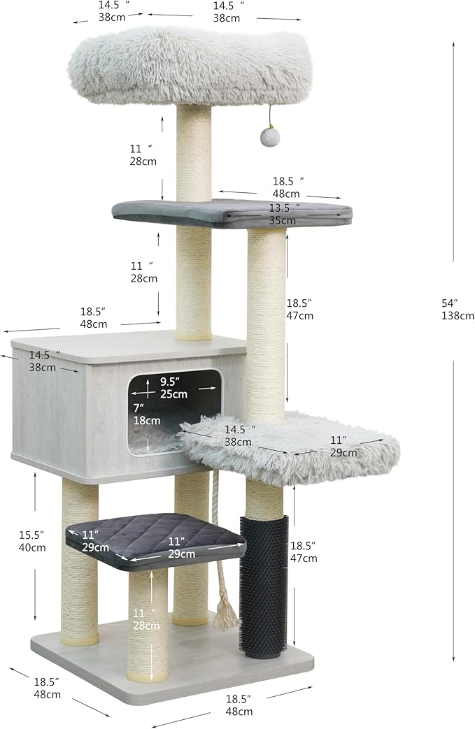 Catry Kasio 6 Level 54" High Modern Cat Tree with Laminated Wood Condo,Replaceable Scratching Posts,Removeable Washable Beds, Self Grooming Brush and Toys.(Light Gray)-Mewly Pet