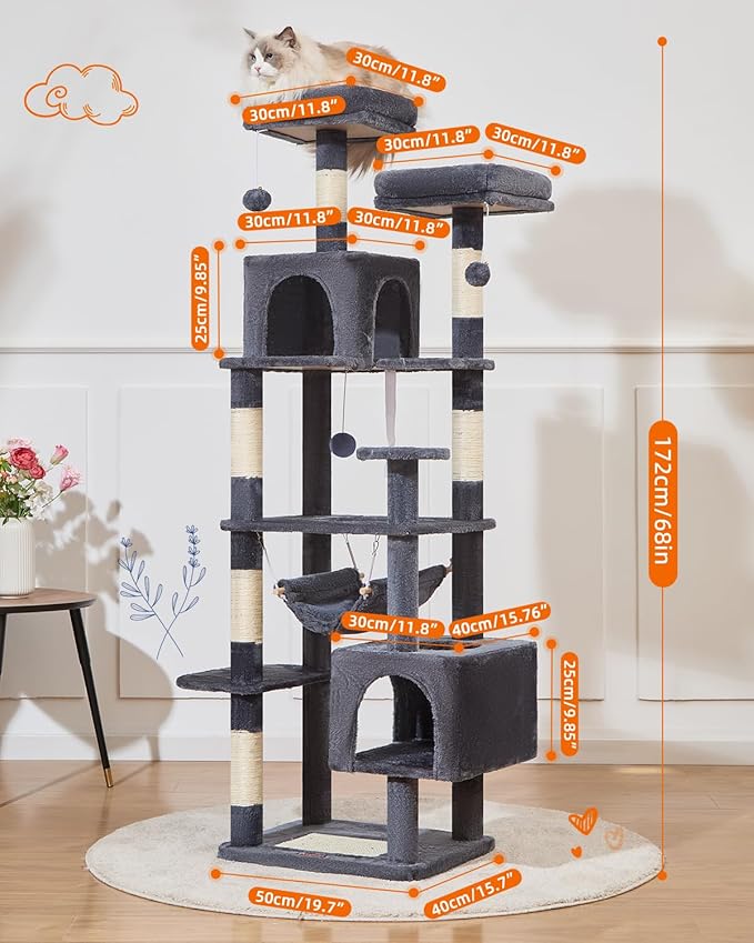 Taoqimiao Cat Tree, 68-Inch Cat Tree Cat Tower for Indoor Cats, Plush Multi-Level Cat Condo with 6 Scratching Posts, 2 Perches, 2 Caves,Hammock, 3 Pompoms,MS020SG Smoky Gray-Mewly Pet
