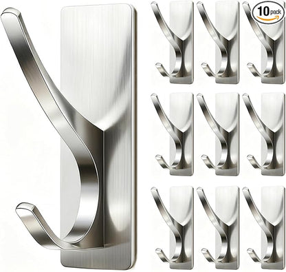 Self Adhesive Coat Hooks for Hanging: Heavy Duty Stainless Wall Hook for Towel, Backpack, Hat, Sturdy Metal Hanger for Bathroom, Bedroom, Door, Brushed Nickel 10 Pack