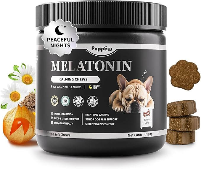 Melatonin for Dogs, Calming Chews with Valerian Root & L-Theanine for Sleep Aid & Emotional Support, Calming Treats for Stress Anxiety Relief - Thunder, Fireworks, Barking, Bacon Flavor, 60Ct-Mewly Pet