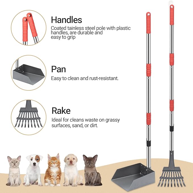 Heeyoo Dog Pooper Scooper, Dog Poop Tray and Rake Set, Pet Waste Removal Scoop with Long Adjustable Sectional Stainless Handles-Mewly Pet