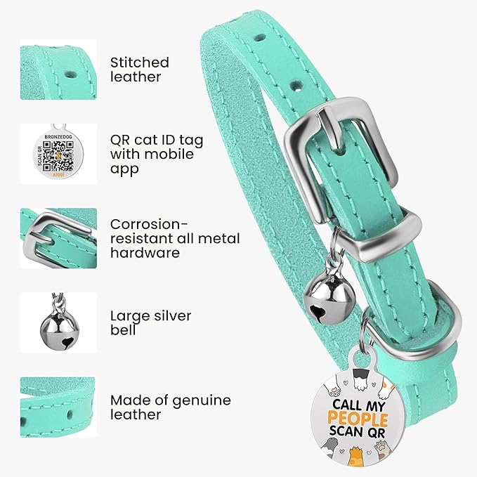 BRONZEDOG Leather Cat Collar with Removable Bells Non Breakaway Kitten QR Tag for Girl Boy (7" - 9" for Cats, Turquoise & Silver)-Mewly Pet