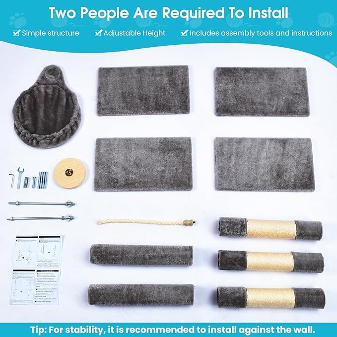 Cat Tree 5-Tier Floor to Ceiling, 89-109 Inch Adjustable Height Cat Tower with Cozy Hammock, Cat Climbing Tree for Indoor Cats, Darkgrey-Mewly Pet