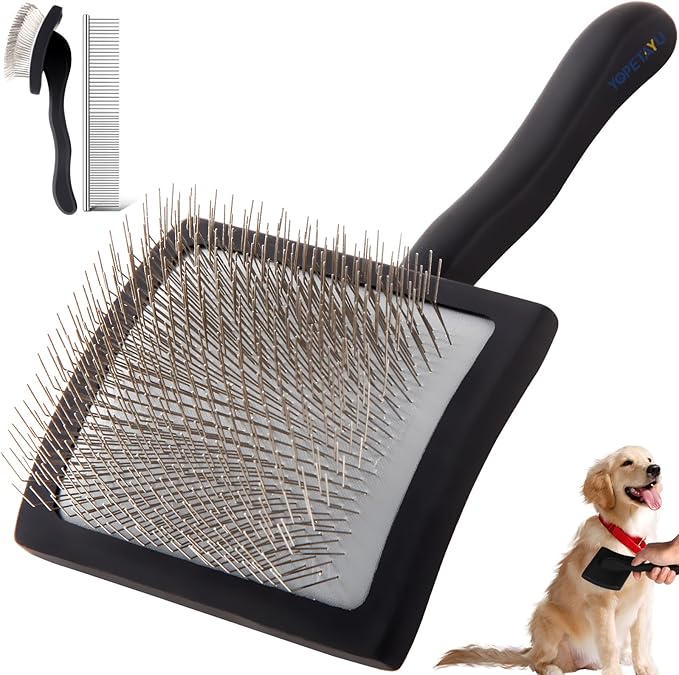Dog Slicker Brush for Shedding and Grooming Medium or Long Haired Cats, Extra Long & Soft Pin Slicker Brush for Removes Loose Hair, Tangles, Knots, Undercoat, Free Pet Comb, Large Black-Mewly Pet