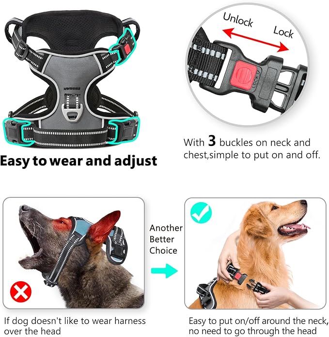 Timos Dog Harness Large Sized, No Pull with Neck Lockable Snap,No Choke Front Clip Dog Reflective Harness,Adjustable Metal Rings 3 Buckles,Easy Control Handle for Large Dogs Gray XL-Mewly Pet