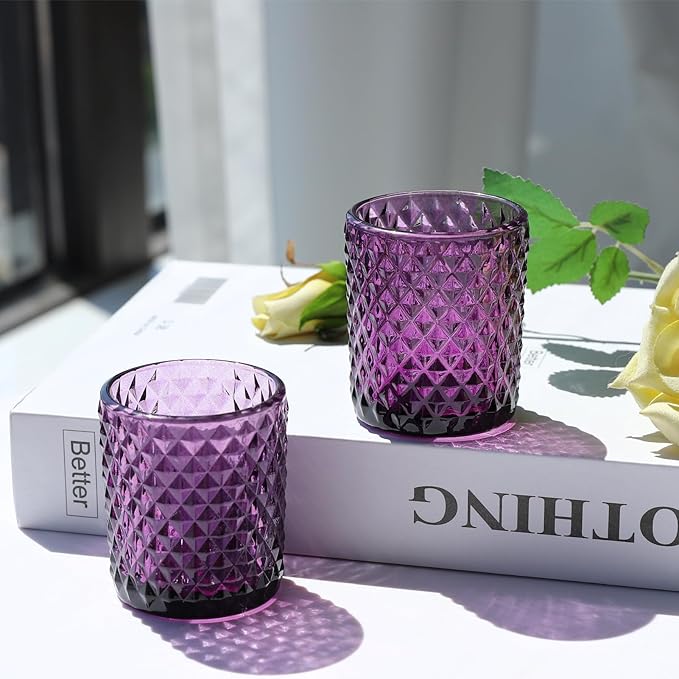 Woho 12pcs Purple Votive Candle Holders, Glass Tealight Candle Holder for Vintage Halloween Party Decor, Tea Lights Candle Holder for Wedding Engagement Table Centerpiece