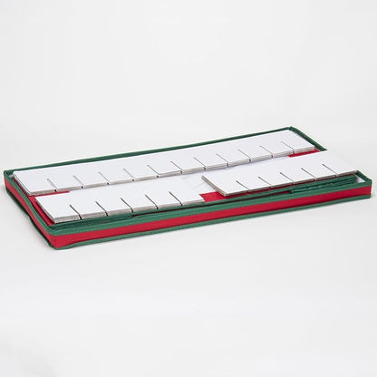 Household Essentials Ornament Storage Box, 36 Piece with Dividers, Sturdy and Stackable with Handles and Clear Plastic Window, Red Polyester Linen with Green Trim