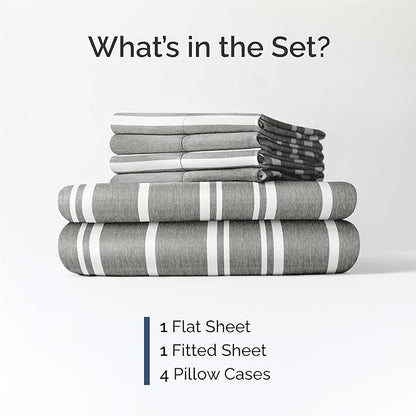 King 6 Piece Sheet Set - Comfy Breathable & Cooling - Soft Hotel Luxury Bedding Set with 8-16 Inch Deep Pockets - 1 Flat & 1 Fitted Sheet & 4 Pillowcases - Wrinkle Free & Easy Care - Grey Stripes 3