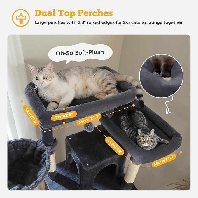81" Heavy Duty Cat Tree for Large Cats up to 20lbs - Extra Tall Cat Tower with Metal Frame Hammock, 6 Sisal Scratching Posts, 2 Perches - Indoor Cat Furniture for Maine Coon, Dark Gray-Mewly Pet