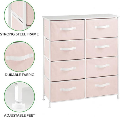 mDesign 38.31" High Steel Frame/Wood Top Storage Dresser Furniture, 8 Fabric Drawers, Large Bureau Organizer for Baby, Kid, Teen Bedroom, Nursery, Playroom, Dorm, Jane Collection, Pink/White