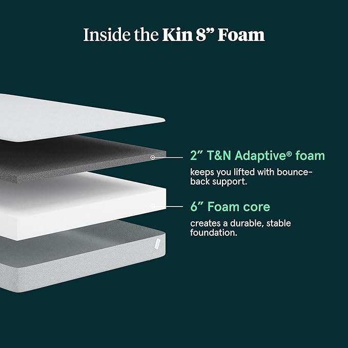 Kin By Tuft & Needle Firm 8" Full Adaptive Foam Mattress in a Box, Cooling Pressure Relief, Balanced Support, 100 Night Trial, Fiberglass-Free, CertiPUR-US, 10-Year Limited Warranty