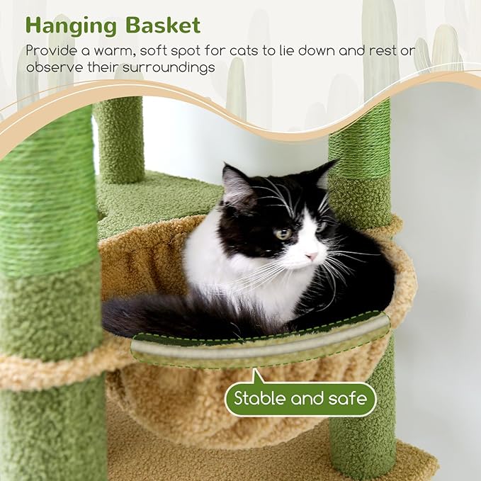 Globlazer Heavy Duty Cactus Cat Tree for Large Cats, Sturdy 72in Maine Coon Cat Tree for Large Cats 20 lbs+ Cactus Cat Tower for Adult Biggest Cats with 6 Scratching Posts, Hammock, S72, Green-Mewly Pet