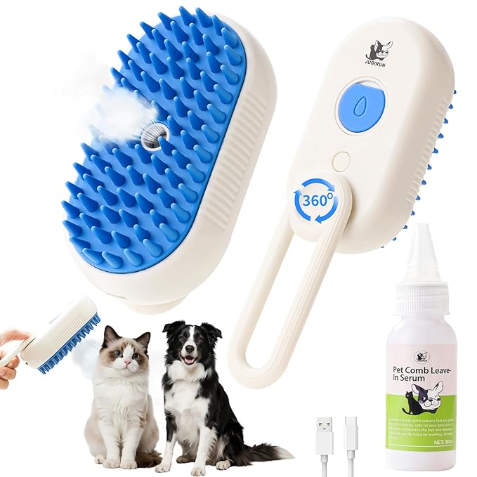 Cat Steam Brush for Shedding,4 in 1 Grooming Brush for Cats and Dogs,Deshedding,Massage,Cleaning & Anti-Static All In One,Suitable for Long & Short Haired Pets,Includes Waterless Shampoo,Blue-Mewly Pet