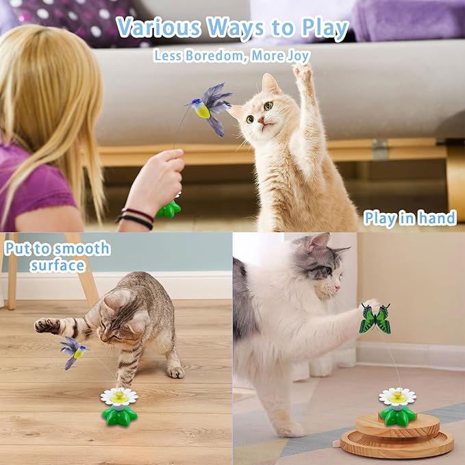 Yisquar Electric Bird & Butterfly Teasing Cat Toy 2PCS Interactive Bird Toy for Cats Interactive Cat Toys Automatic Electric Butterfly 360°Rotating Kitten Toys Fun Flying Birds Cats Play Chase-Mewly Pet