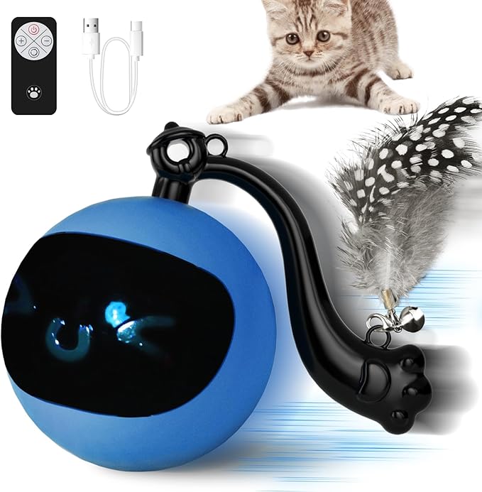 Interactive Cat Toy Ball with Remote Control, Automatic Moving & Rolling Cat Feather Toy, USB Rechargeable, Motion Activated Remote Control Cat Toy for Indoor Cats (Blue)-Mewly Pet